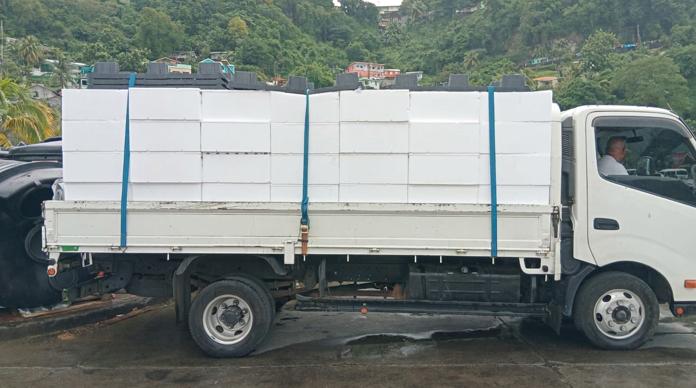 Rungis fresh produce cases loaded on a delivery truck bound for a yacht in St Vincent