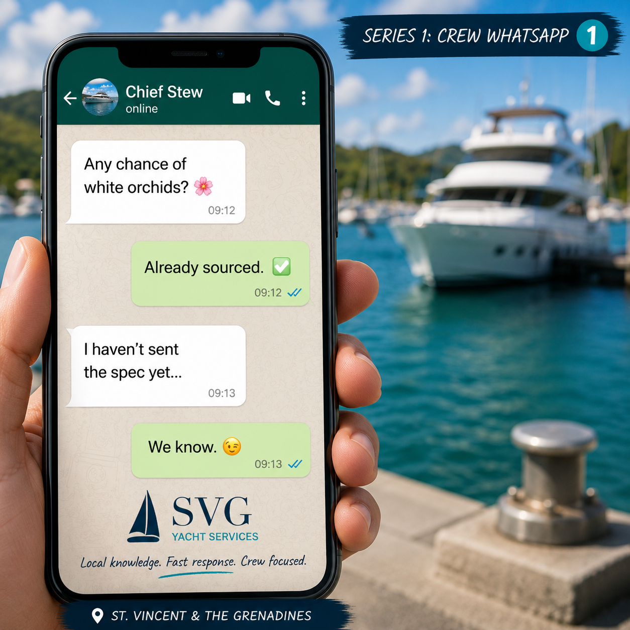 SVG Yacht Services brand creative — WhatsApp chat mockup for crew