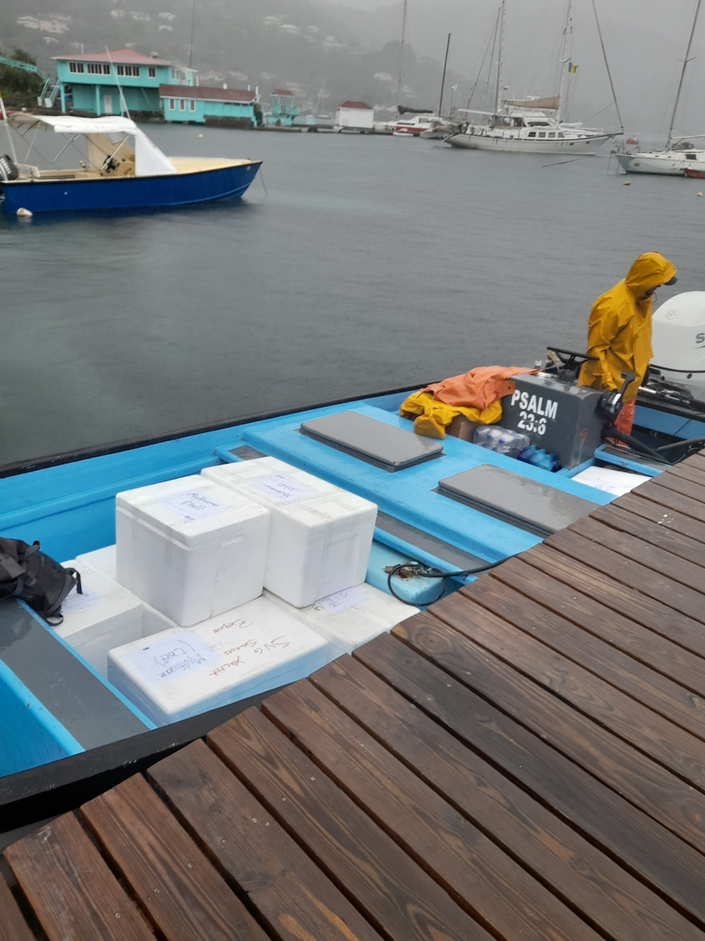 Wet-weather provisioning run into a Bequia anchorage