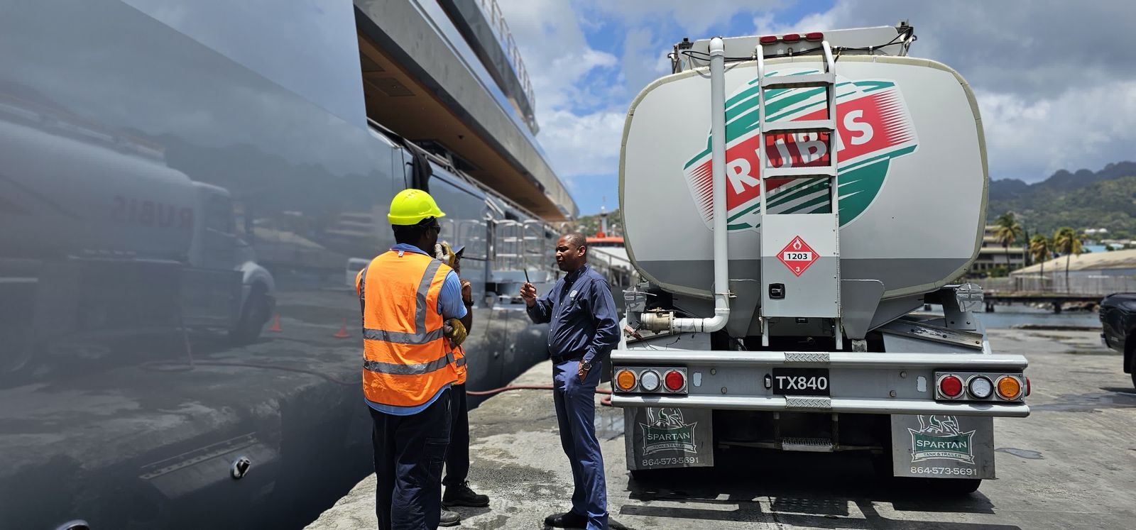 Rubis fuel truck alongside M/Y Andromeda at the pier in St Vincent