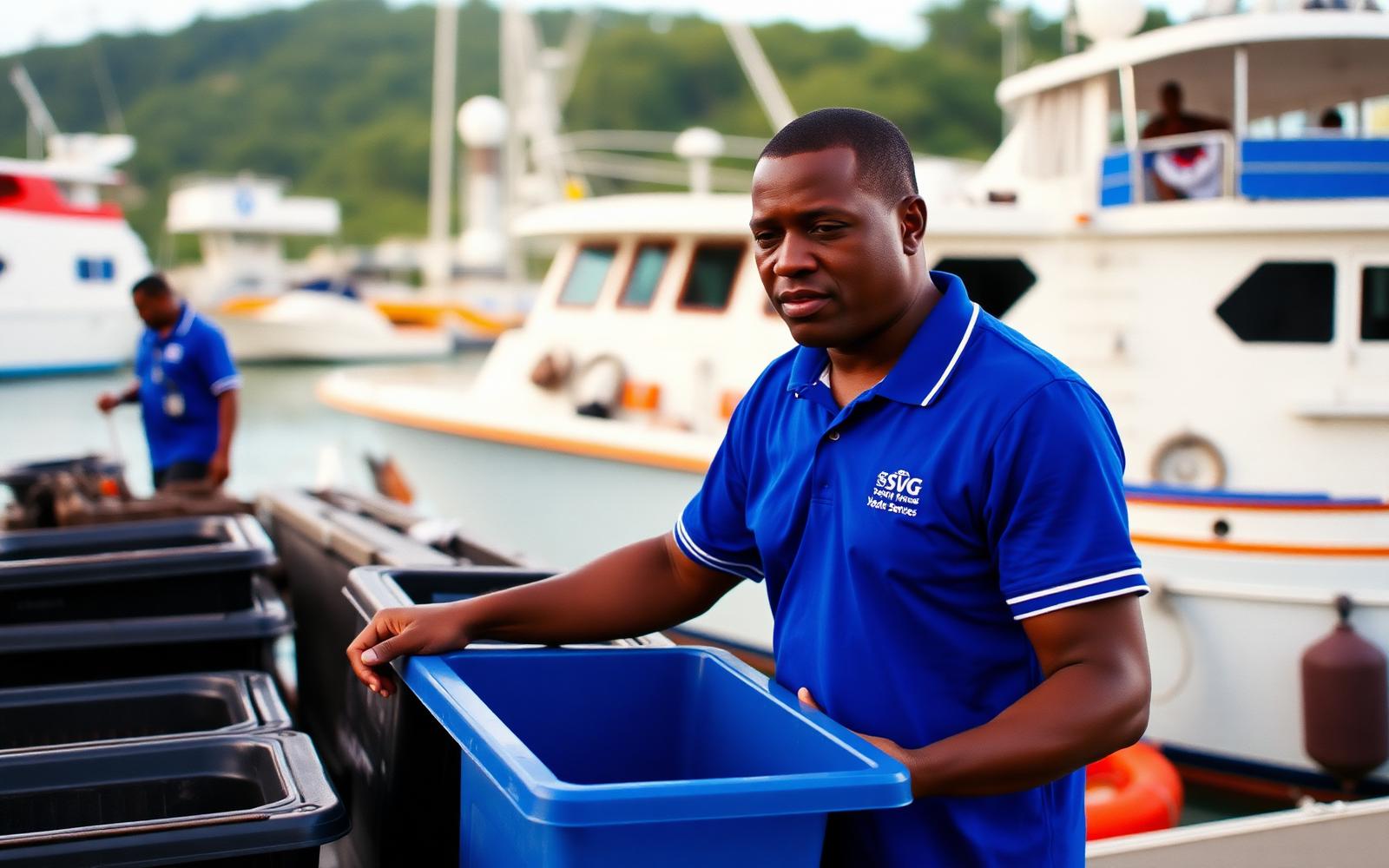 Recycling and waste bins staged dockside at a Caribbean superyacht berth